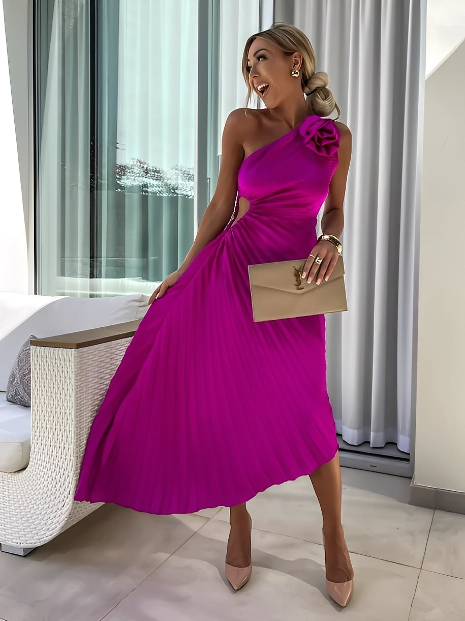 Rachael - Κομψό πλισέ φόρεμα με λουλουδάτο μοτίβο στους ώμους για γυναίκες