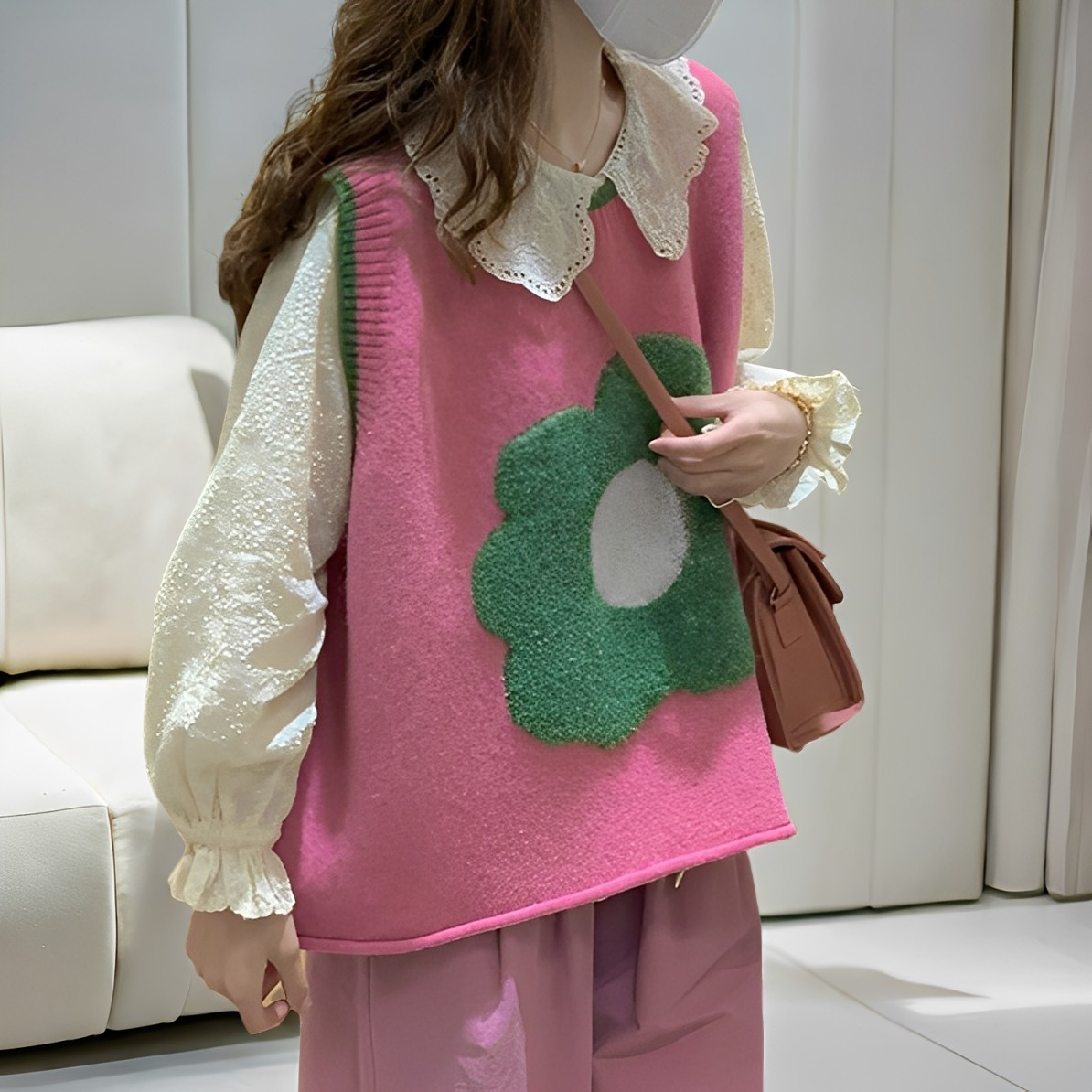 Lavina - Καθημερινό Πλεκτό Γιλέκο με Λουλούδι Patchwork για Γυναίκες