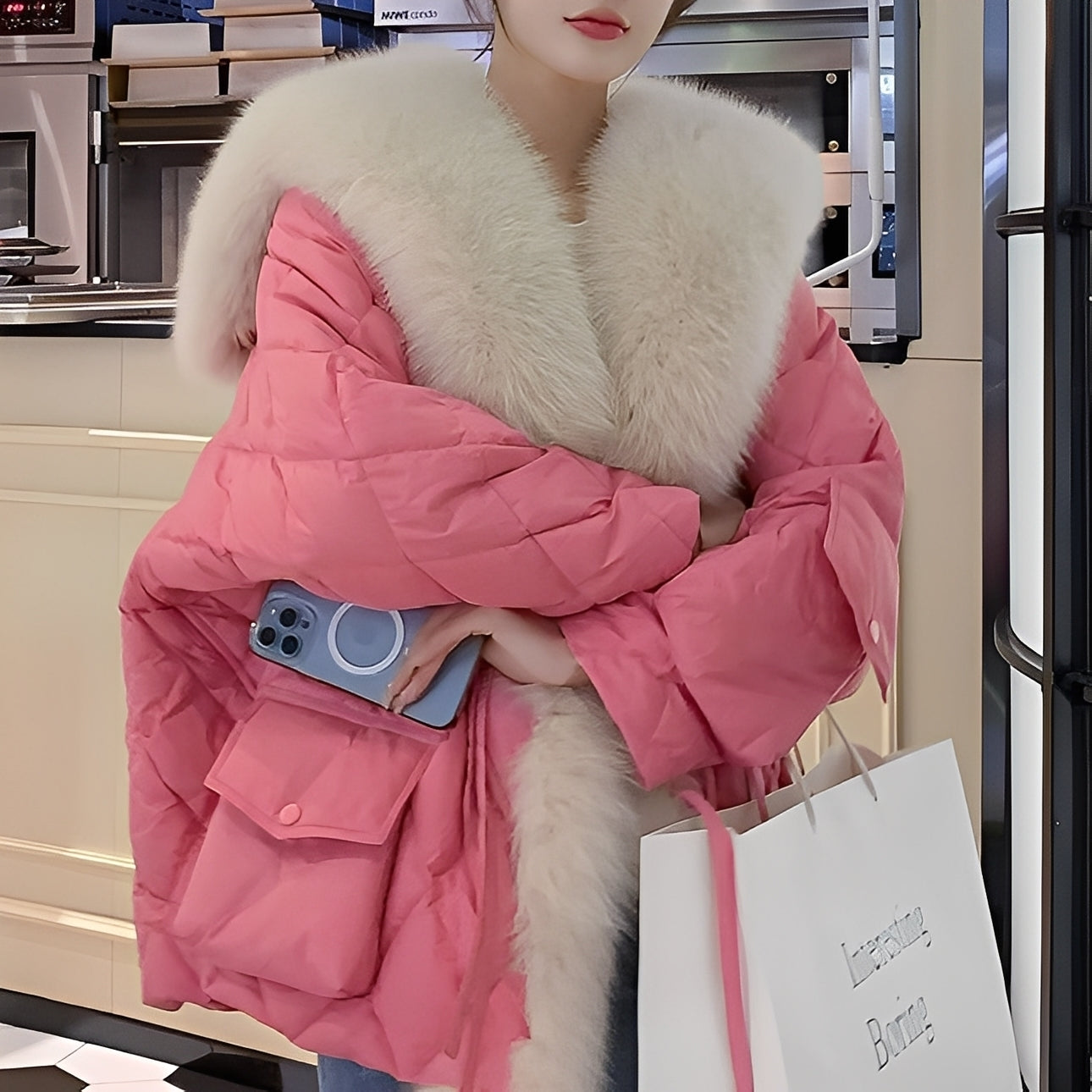 Marjorie - Μοντέρνα Ζακέτα με Πούπουλα και Γούνινο Κολάρο για Γυναίκες