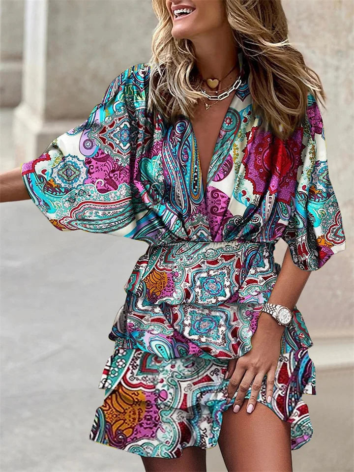 Liora – Φορεμα Φλοράλ με V Λαιμόκοψη και Βολάν